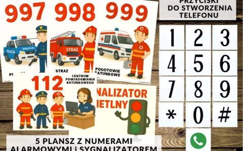 Plakat z numerami alarmowymi do druku: 997, 998, 999, 112. Grafiki przedstawiają policjanta, strażaka, ratownika medycznego i centrum powiadamiania ratunkowego.