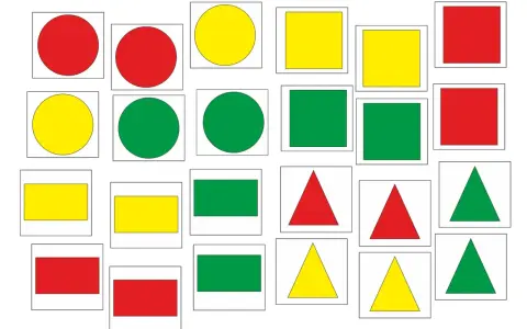 Rysunek z figur geometrycznych: czerwone, żółte i zielone koła, kwadraty, prostokąty i trójkąty ułożone w siatce.