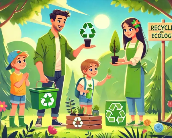 Rodzina sadzi drzewka, ucząc dzieci ekologii i recyklingu. Wszyscy w zielonych ubraniach, otoczeni naturą i symbolami recyklingu.