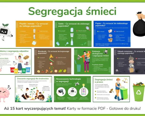 Segregacja śmieci dla dzieci do druku: ilustracje pokazują, co wrzucać do żółtego, zielonego, brązowego i niebieskiego pojemnika.