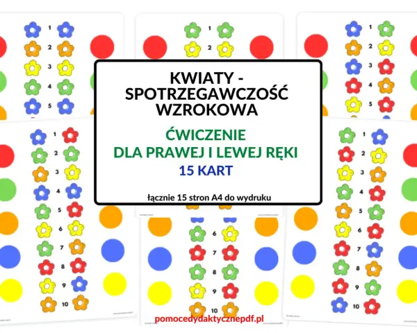 Kolorowe kwiatki i kropki do ćwiczeń na spostrzegawczość wzrokową. Materiały do druku dla dzieci.