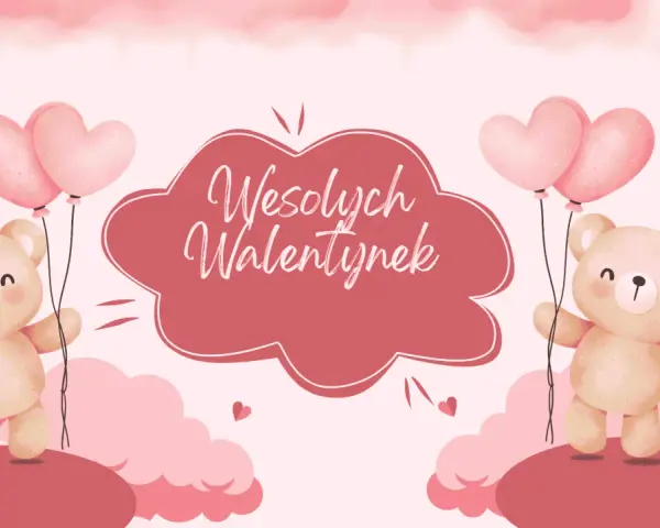 Urocze misie z balonami w kształcie serc, idealne na kartki walentynkowe do druku.