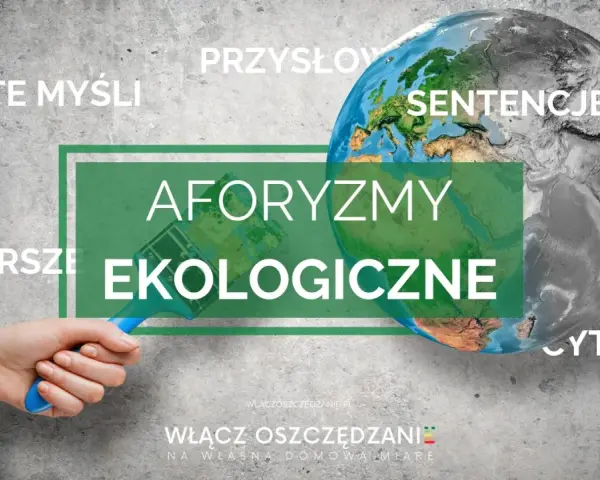 Ziemia podzielona na zieloną i szarą część. Obok napisy: "Złote myśli", "Przysłowia", "Sentencje", "Wiersze", "Aforzmy ekologiczne", "Cytaty". W tle hasło "Włącz oszczędzanie".