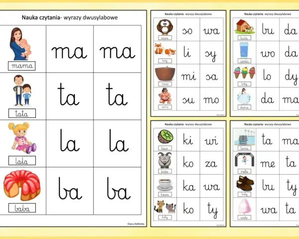Łatwe ćwiczenia nauka czytania: mama, tata, lala, baba, sowa, lis, misa, sumo, buda, woda, lody, dama, kiwi, koza, kawa, koty, tama, meta, buty, wata.