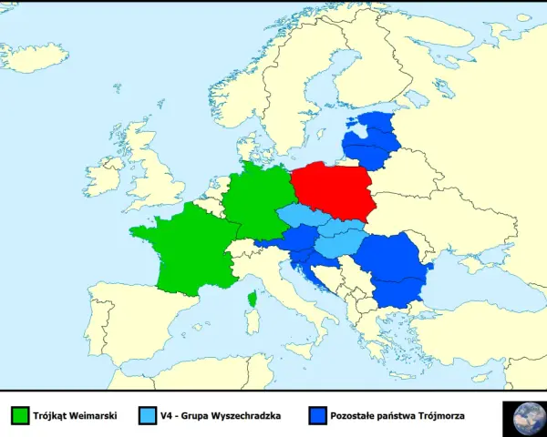 Mapa Europy z podziałem politycznym: Polska (czerwona), Trójkąt Weimarski (zielony), V4 (jasnoniebieski), pozostałe państwa Trójmorza (niebieski).