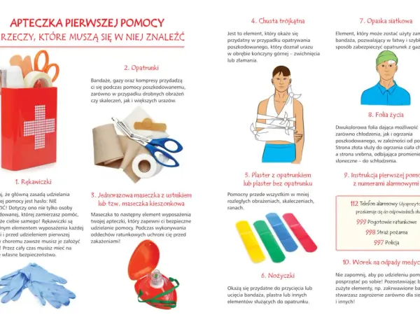 Apteczka pierwszej pomocy: rękawiczki, opatrunki, maseczka, chusta trójkątna, plastry, nożyczki, opaska, folia życia, instrukcja, worek na odpady. Materiały do udzielania pierwszej pomocy dzieciom.