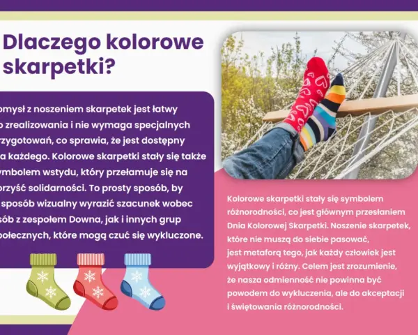 Nogi w kolorowych skarpetkach w hamaku. Obrazek promuje Dzień Kolorowej Skarpetki, symbol różnorodności i akceptacji.