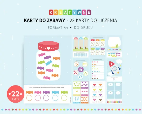 Kreatywne karty do zabawy: 22 karty do liczenia, format A4 do druku. Dzieci robią zakupy, licząc cukierki i rybki.
