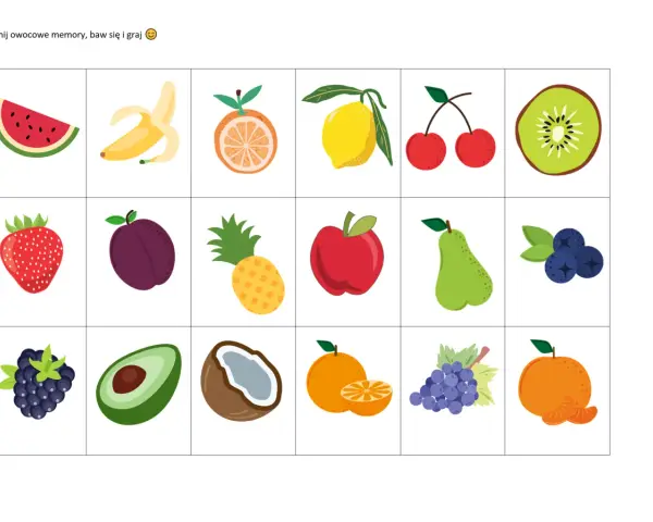 Kolorowe owoce karty pracy do druku: arbuz, banan, pomarańcza, cytryna, wiśnie, kiwi, truskawka, śliwka, ananas, jabłko, gruszka, borówki, jeżyna, awokado, kokos, mandarynka, winogrona.