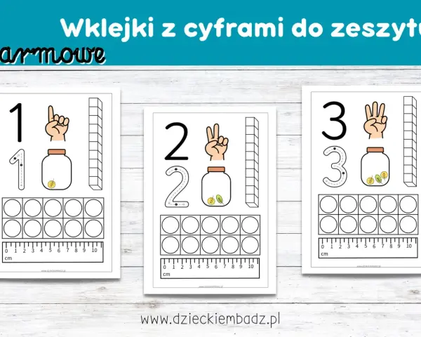 Darmowe materiały do druku: matematyka dla dzieci. Wklejki z cyframi 1, 2, 3, pomagające w nauce liczenia i pisania cyfr.