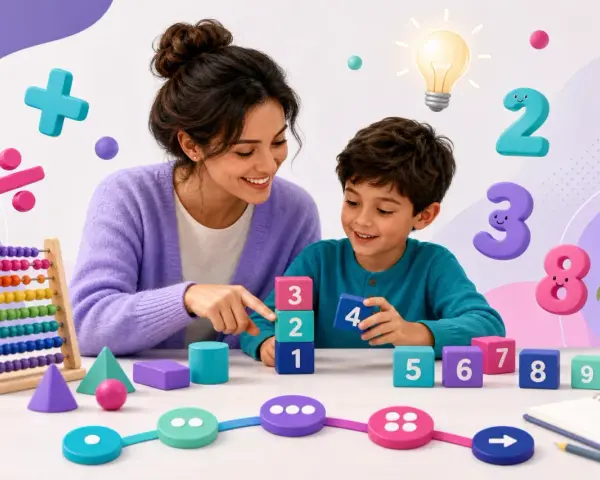 Mama i syn budują wieżę z klocków z cyframi, ucząc się, jak nauczyć dziecko matematyki. W tle liczby i symbole matematyczne.