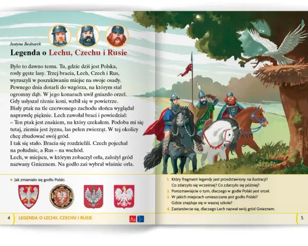 Ilustracja do legendy o Lechu, Czechu i Rusie. Bracia na koniach widzą orła na dębie, symbolizującego początek Polski.