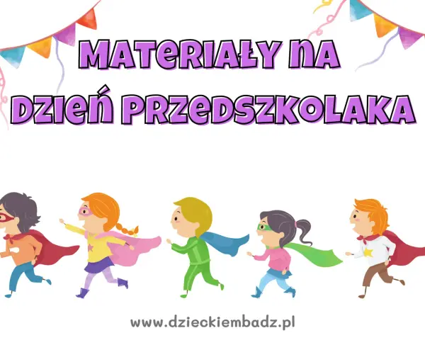 Superbohaterowie biegają, szukając pomysłów na Dzień Przedszkolaka. Kolorowe chorągiewki dodają radości.
