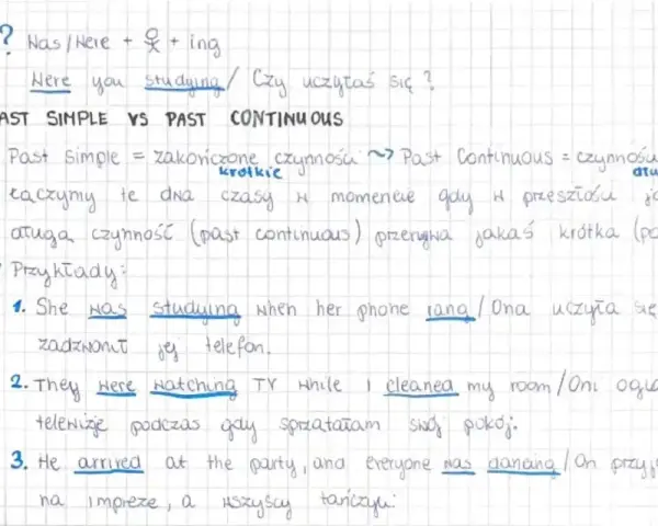 Notatki z angielskiego: Past Simple vs Past Continuous. Przykład: "She was studying when her phone rang" - ona uczyła się, gdy zadzwonił telefon.