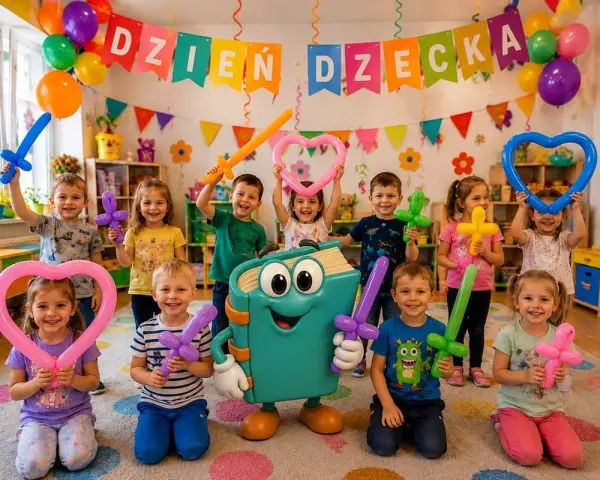 Radosne przedszkolaki świętują Dzień Dziecka z balonowymi mieczami i sercami. Wesołe atrakcje na dzień dziecka w przedszkolu!
