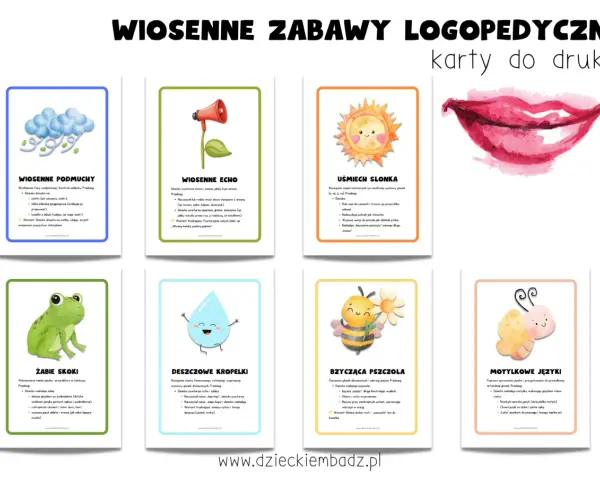 Zestaw kart do druku: wiosenne ćwiczenia logopedyczne dla 4 latka. Zabawy z żabką, pszczołą, motylem i innymi.