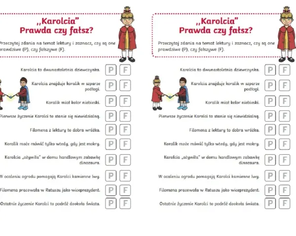 Test wiedzy o lekturze "Karolcia". Zadanie polega na zaznaczeniu, czy zdania o przygodach Karolci są prawdziwe (P) czy fałszywe (F).
