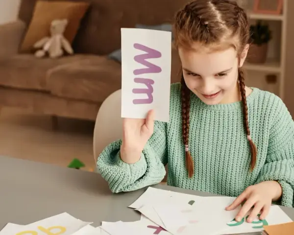 Dziewczynka uczy się literki "M". Na karcie widnieje duża i mała litera "m". To świetna zabawa z wyrazami na m dla dzieci.