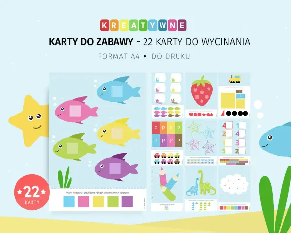 Kreatywne karty do zabawy, 22 karty do wycinania z rybkami, samochodami, dinozaurami i innymi elementami do druku.