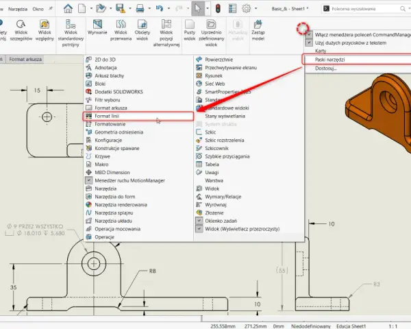 Nauka rysowania krok po kroku: wybór "Format linii" z menu Narzędzia w programie CAD.