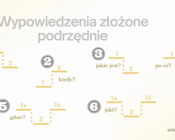 Grafika przedstawia wykresy zdań złożonych podrzędnie z pytaniami pomocniczymi: "czego?", "kiedy?", "jakie jest?", "po co?", "gdzie?", "jaki?".