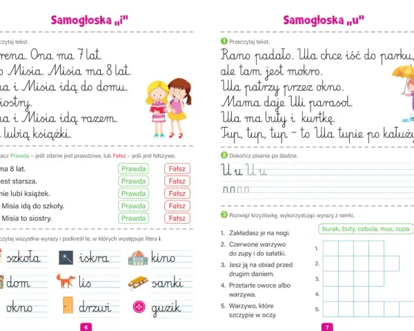 Karty pracy klasa 1: ćwiczenia z samogłoskami "i" i "u", czytanie, pisanie i rozwiązywanie krzyżówki.