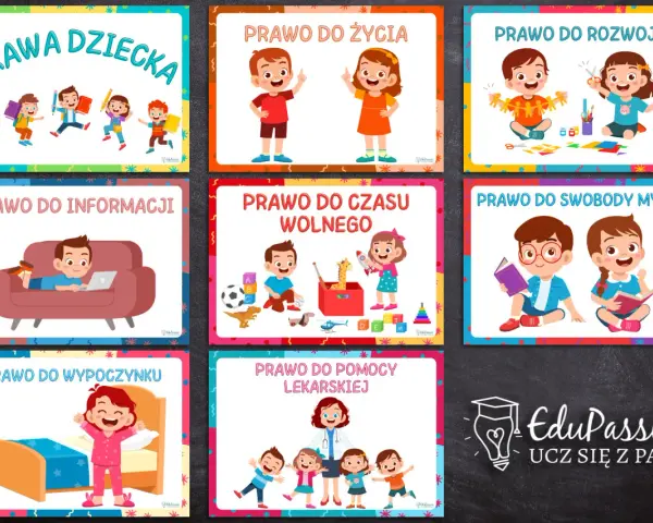 Karty pracy "Prawa dziecka" ilustrują prawa do życia, rozwoju, informacji, czasu wolnego, wypoczynku, swobody myśli i pomocy lekarskiej.