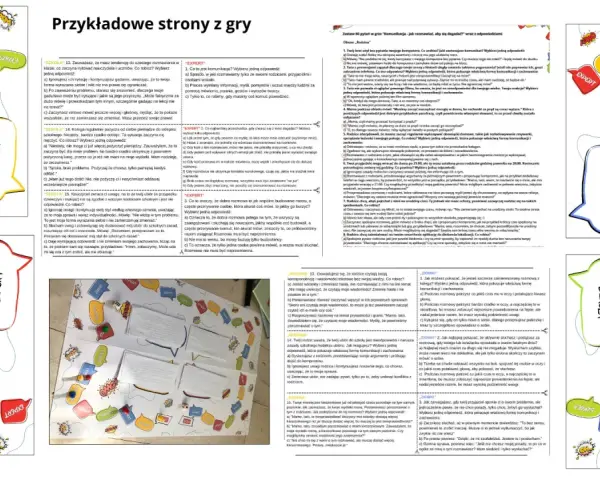Karty pracy z pytaniami i odpowiedziami, ilustracje postaci i dymki dialogowe. Temat: komunikacja karty pracy.