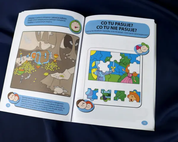 Książka z zadaniami dla dzieci: szukanie nietoperzy w jaskini i układanie puzzli. Świetne pomysły na nagrody dla dzieci, rozwijające spostrzegawczość.