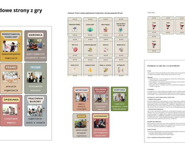 Karty pracy do gry: nauczyciel, kierowca, mechanik, piekarz, fryzjer, kasjer, opiekunka, pracownik biurowy, weterynarz, pracownik socjalny, sekretarka, rolnik, dziennikarz.