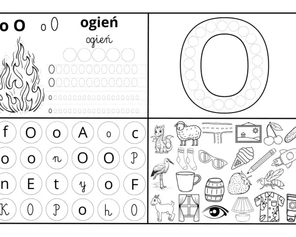 Karta pracy z literą "O" i obrazkami: ogień, smok, owca, bocian, koza, okno, oko, lampa, koszula, krem.