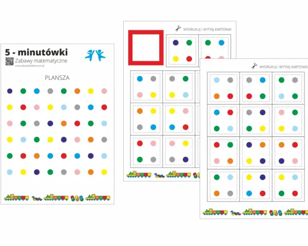 Plansza z kolorowymi kropkami i kartoniki do wycięcia, idealne do kodowania do druku. Zabawy matematyczne dla dzieci.