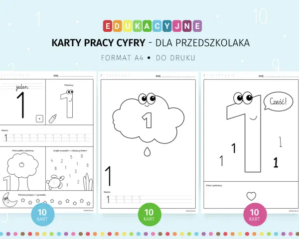 Karty pracy cyfry dla przedszkolaka: nauka pisania i liczenia liczby 1. Zabawy z rysowaniem i kolorowaniem.