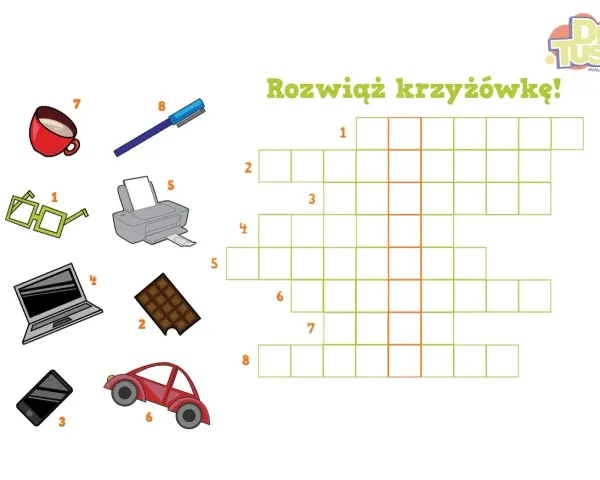 Rozwiąż krzyżówki dla dzieci online! Obrazek przedstawia przedmioty: okulary, czekoladę, telefon, laptop, drukarkę, kubek, długopis i samochód, które trzeba dopasować do pól w krzyżówce.
