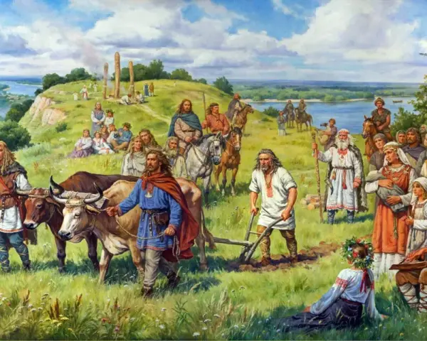 Scena z legendy o trzech braciach: ludność słowiańska w tradycyjnych strojach, orka, bydło, jeźdźcy, święte kamienie.