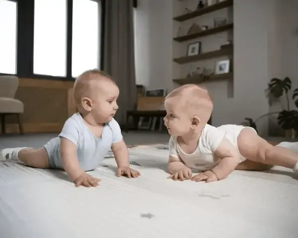 Dwa niemowlaki na macie, jedno w niebieskim, drugie w białym body. Czas na pierwsze odkrycia, kiedy dziecko rozpoznaje kolory.