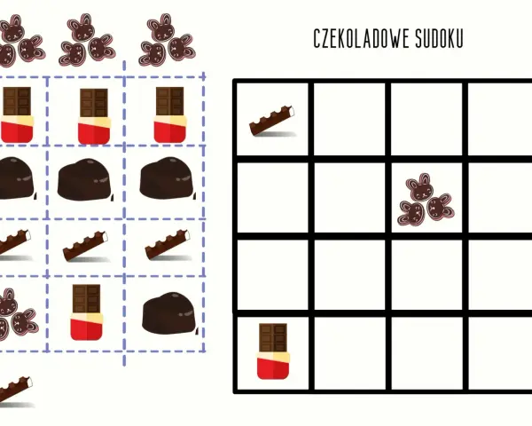 Karty pracy z motywem dnia czekolady: czekoladowe sudoku z różnymi słodkościami do ułożenia.