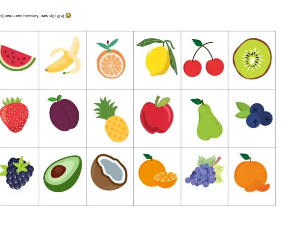 Proste wycinanki do druku: arbuz, banan, pomarańcza, cytryna, wiśnie, kiwi, truskawka, śliwka, ananas, jabłko, gruszka, borówki, jeżyna, awokado, kokos, mandarynka, winogrona.