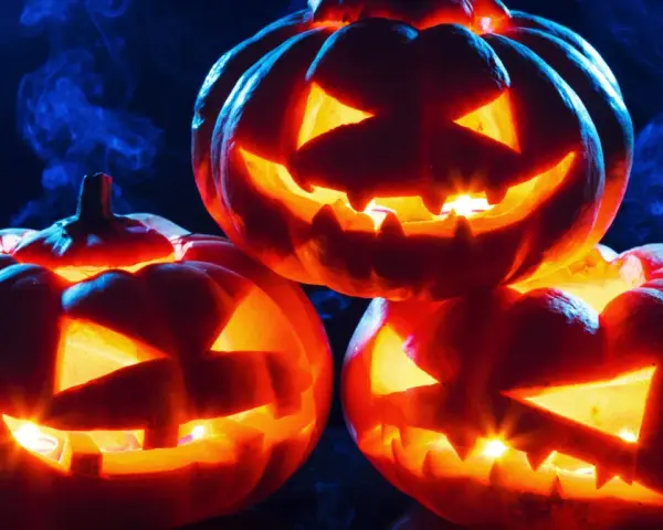 Trzy świecące **jack o lantern** z wyciętymi strasznymi minami, otoczone niebieską mgłą, tworzą mroczny, halloweenowy nastrój.
