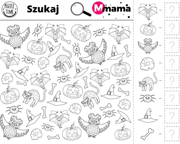 Zadania na Halloween: szukaj nietoperzy, sów, dyni, kotów, pająków, kapeluszy i kości.