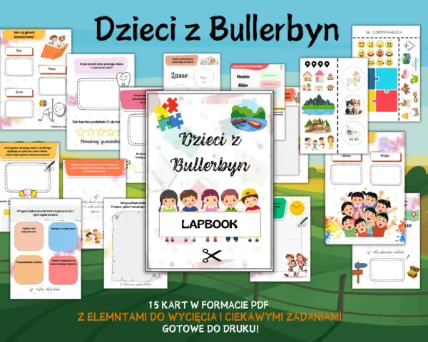 Zestaw zadań do lapbooka "Dzieci z Bullerbyn" - streszczenie przygód, bohaterów i zabaw.