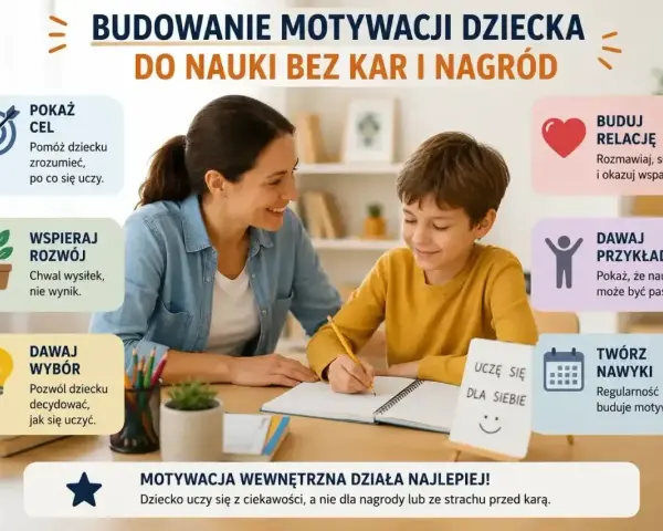 Kobieta i chłopiec uczą się razem. Grafika pokazuje, jak zmotywować dziecko do nauki, skupiając się na budowaniu relacji, dawaniu przykładu i wspieraniu rozwoju.