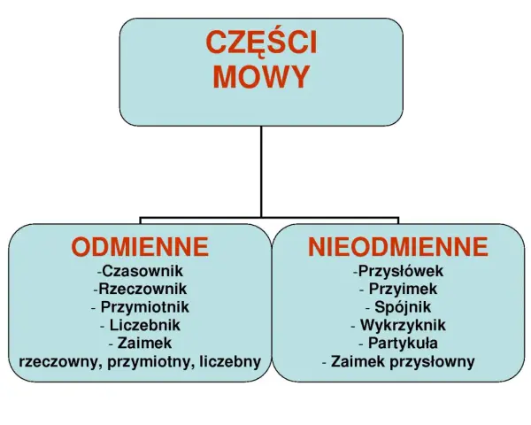 Schemat klasyfikacji części mowy dla klasy 4: odmienne (czasownik, rzeczownik, przymiotnik, liczebnik, zaimek) i nieodmienne (przysłówek, przyimek, spójnik, wykrzyknik, partykuła, zaimek przysłowny).