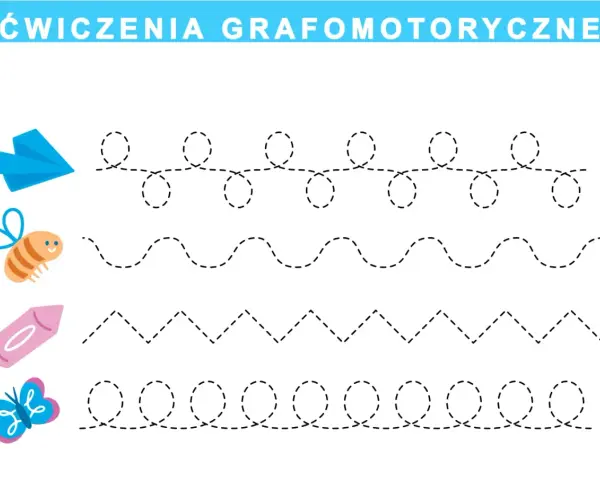 Ćwiczenia grafomotoryczne dla 3 latka: samolot, pszczoła, kredka i motyl prowadzą przez kropkowane linie: pętelki, fale, zygzaki i spirale.