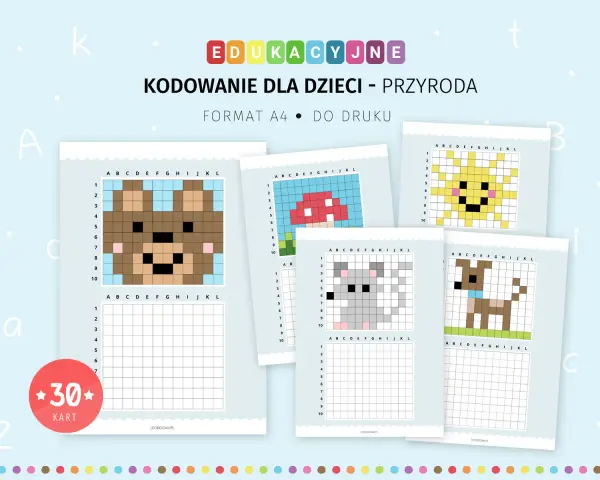 Karty pracy do kodowania dla dzieci: miś, grzyb, słońce, myszka, piesek. Idealne do nauki przez zabawę.