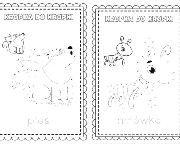 Dwa obrazki do rysowania po kropkach: pies i mrówka. Dzieci łączą punkty, by stworzyć zwierzątka.