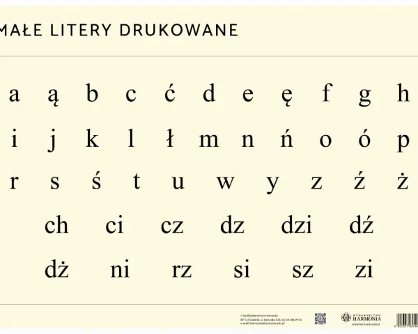 Małe litery drukowane polskie: a, ą, b, c, ć, d, e, ę, f, g, h, i, j, k, l, ł, m, n, ń, o, ó, p, r, s, ś, t, u, w, y, z, ź, ż, ch, ci, cz, dz, dzi, dź, dż, ni, rz, si, sz, zi.