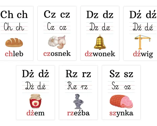 Karty pracy z dwuznakami: chleb, czosnek, dzwonek, dźwig, dżem, rzeźba, szynka.