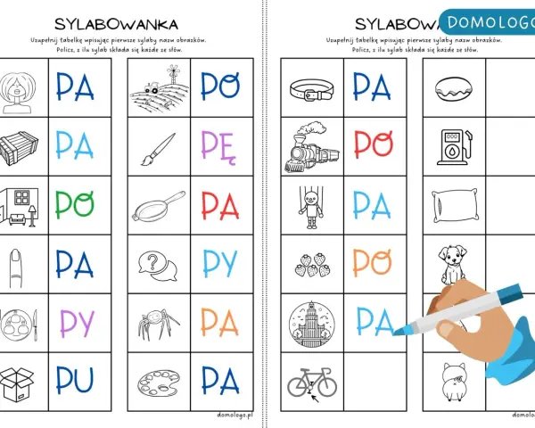Zabawa z sylabami: "PA", "PO", "PE", "PY", "PU" dla dzieci. Obrazki pomagają w nauce czytania.