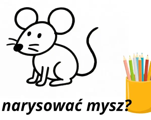 Prosty rysunek myszki i kolorowe kredki zachęcają do nauki: jak narysować mysz.